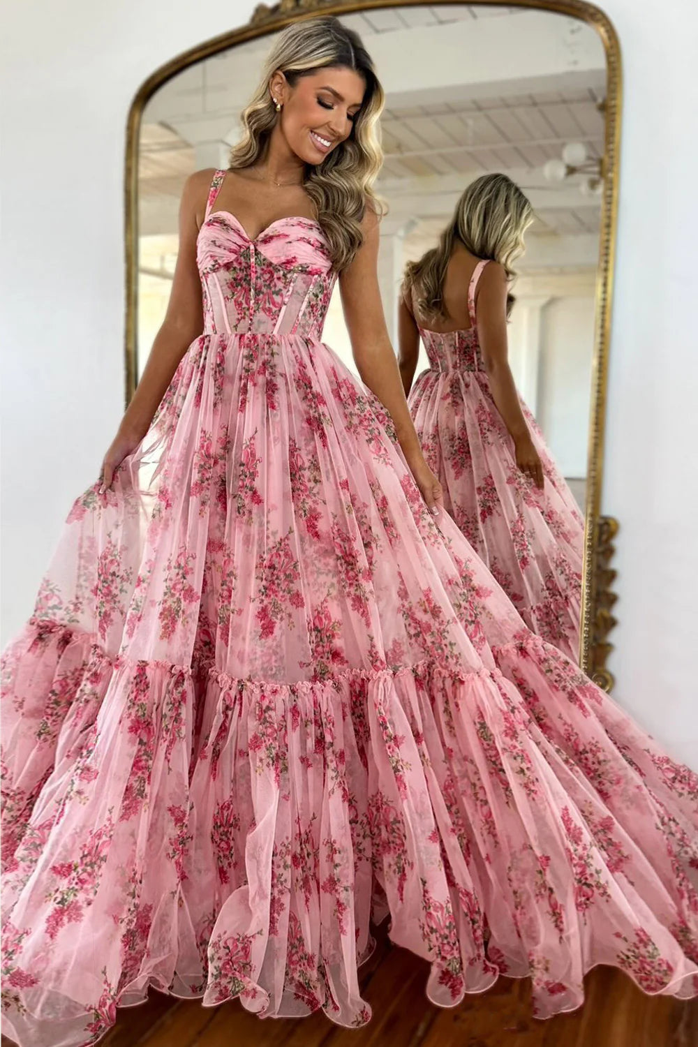 Pink Romantic A-Line Spaghetti Straps Long Print Tulle Prom Dress